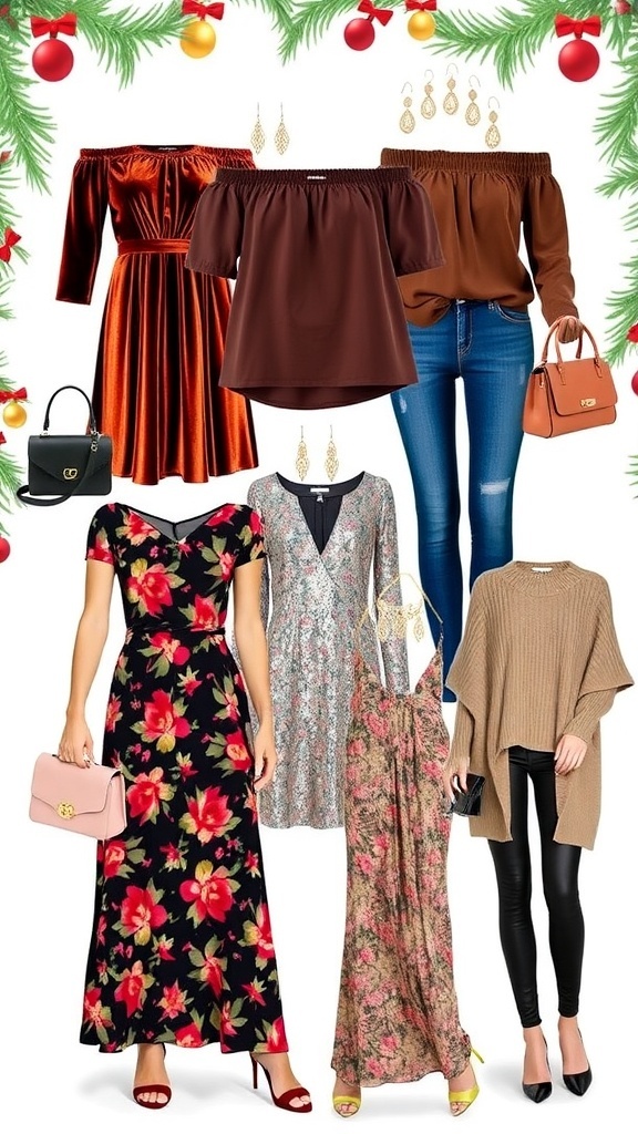 Stylish Off-Shoulder Outfits for Christmas Parties Stylish off-shoulder outfits for Christmas parties displayed on a festive backdrop.
